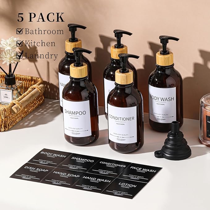 Shampoo and Conditioner Dispenser, 16.9oz Pump Bottles, Amber Shampoo Containers - Image 2