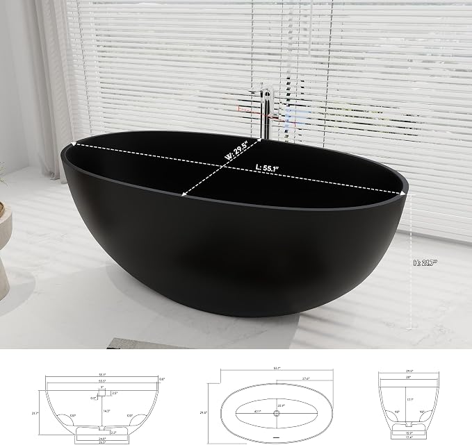 SJ STAR&JANE 55" Solid Surface Freestanding Bathtub, Stone Resin Oval Soaking - Image 8