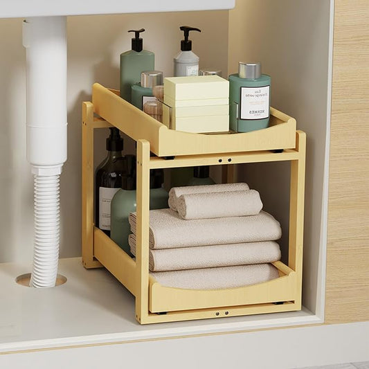 Bamboo Under Sink Organizer Adjustable Height 2 Tier Bathroom Organizer Pull by Unknown