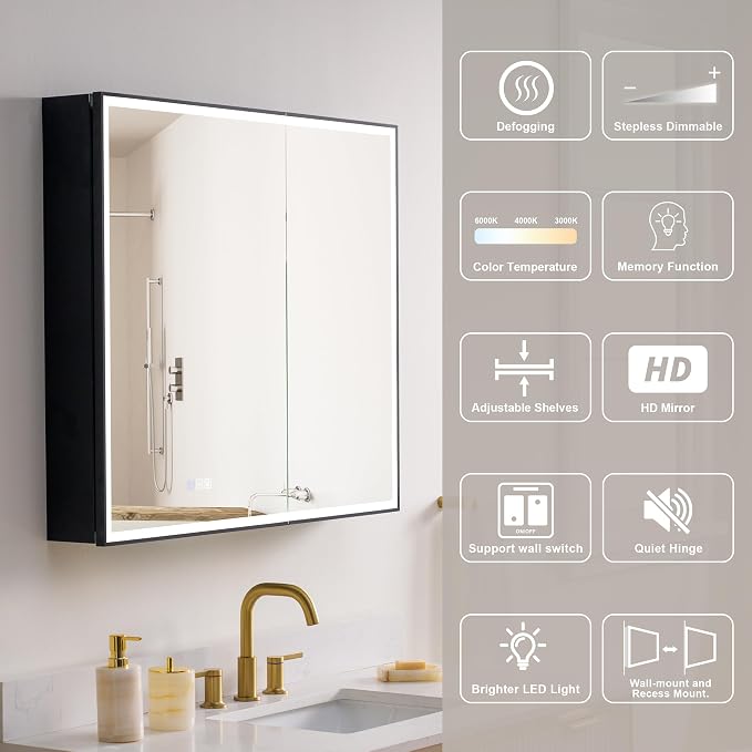WELLFOR 36" X 30" LED Mirrored Medicine Cabinet, Medicine Cabinets - Image 5