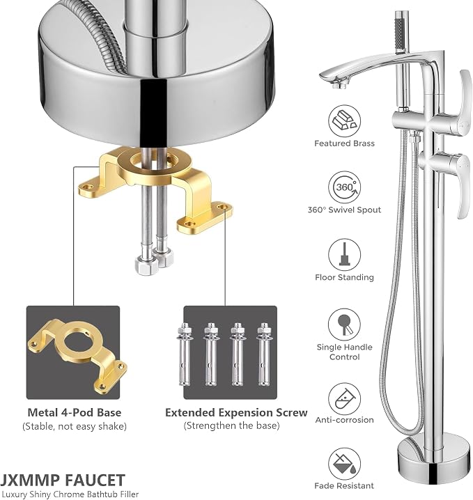 Free Standing Bathtub Faucets, Shiny Chrome Stainless Steel Floor Mount Tub - Image 3