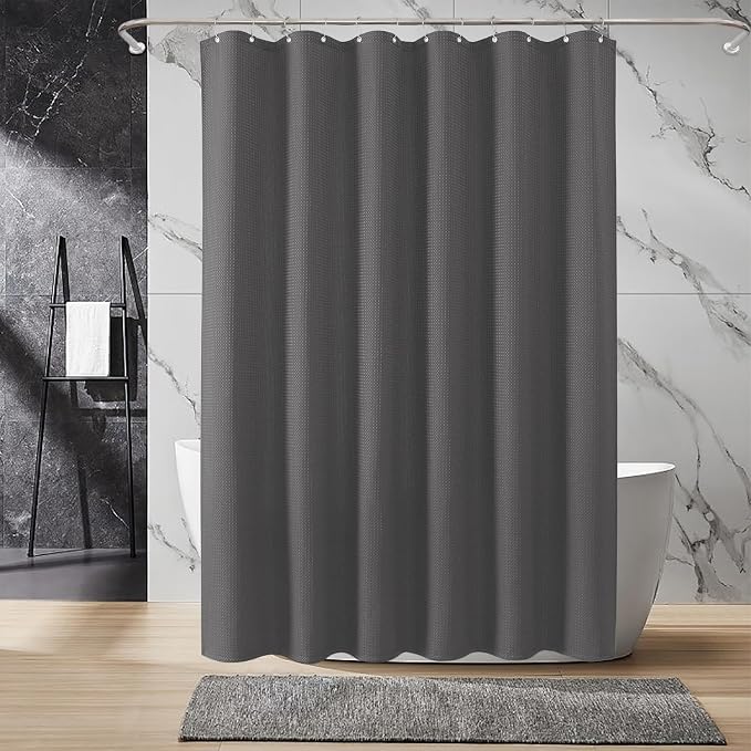 Inhousolu Fabric Shower Curtain Waffle Weave, Graphite Grey 230 GSM Heavy Duty - Image 8