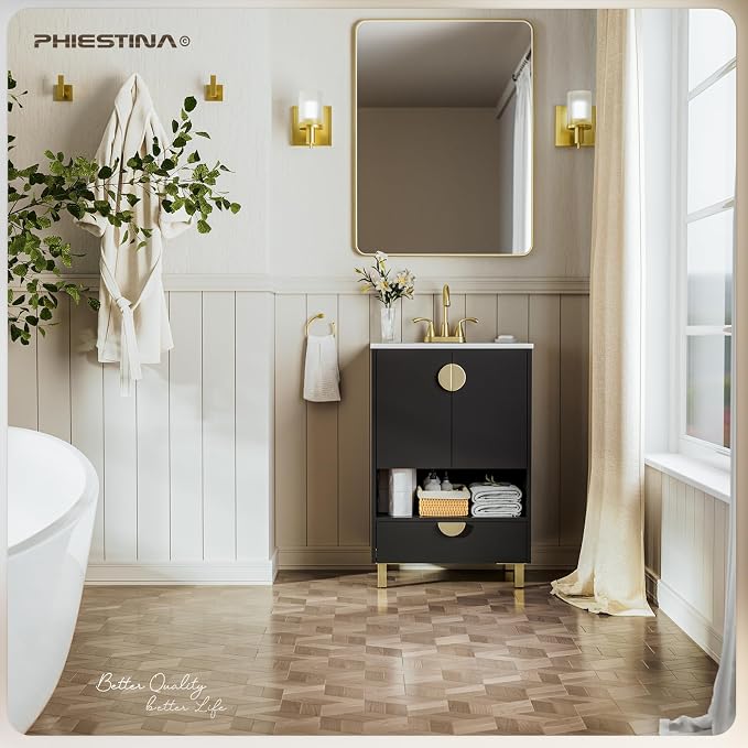 phiestina Fully Assembled Black 24 Inch Solid Wood Bathroom Vanity - Image 8