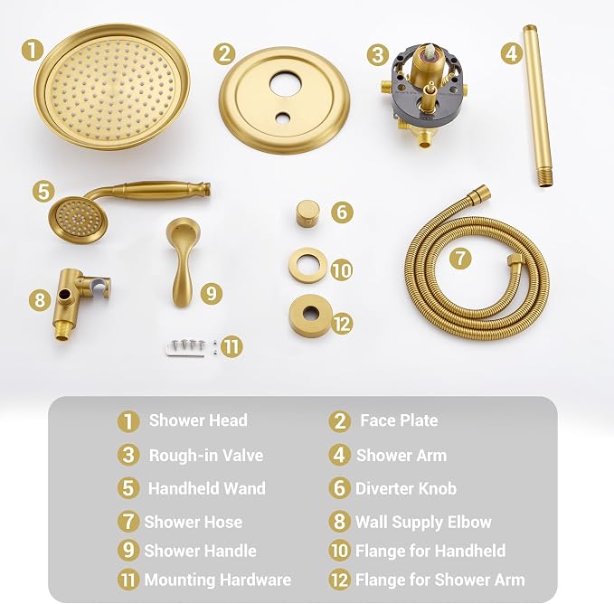 DASAN Brushed Gold Rain Shower System Complete Antique Shower Faucet Sets - Image 7