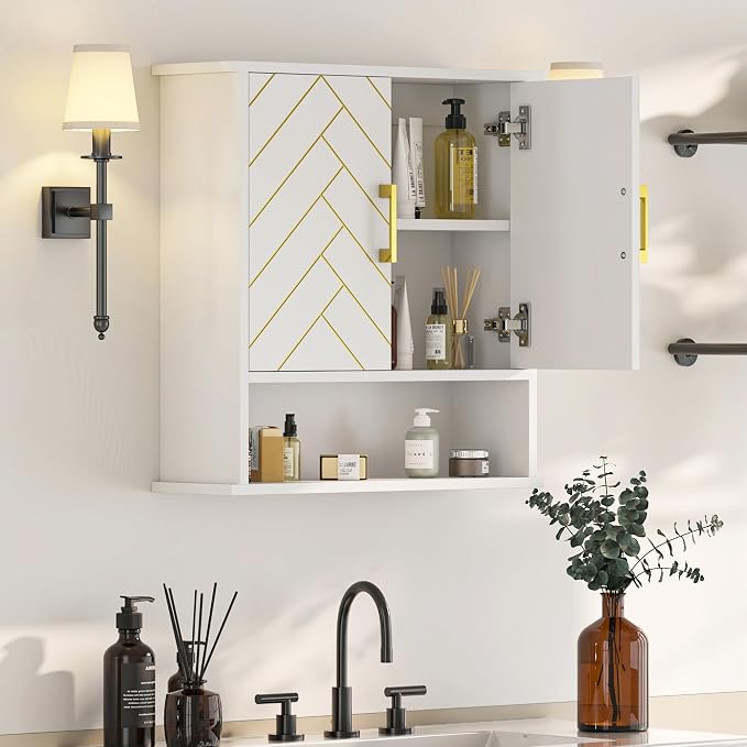 White Chevron Pattern Bathroom Wall Mount Cabinet, Stylish Hanging Medicine - Image 7