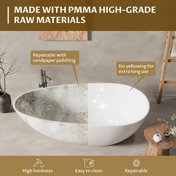 67 in Solid Surface Freestanding Bathtub, Contemporary Oval Shape Soaking Tub - Image 3