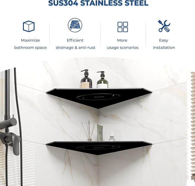 FerdY 2-Pack 10" Matte Black Recessed Corner Shower Shelf, - Image 2