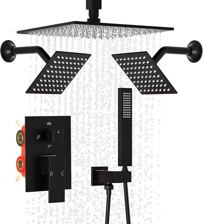Enga 10 Inch + Dual 6-Inch Rain Shower System, Four Modes Diverter Shower Faucet by Enga