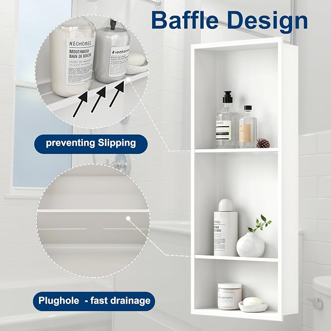 Neodrain 12X30 Inch White Three Layers Stainless Steel Shower Niche, NO Tile - Image 6