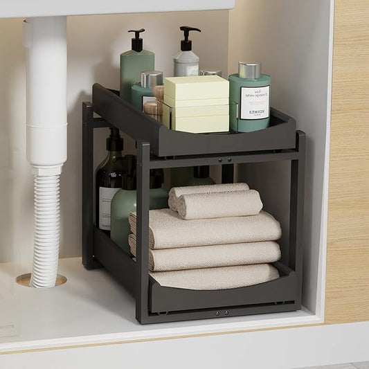 Bamboo Under Sink Organizer Adjustable Height 2 Tier Bathroom Organizer Pull by Unknown