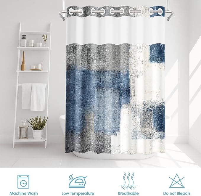 No Hook Blue Grey Painting Shower Curtain - Image 7