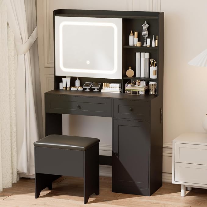 Vanity Table with Hidden Storage & LED Mirror by Unknown