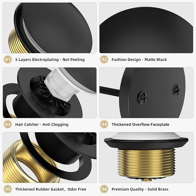 Matte Black Tub Drain Kit with Hair Catcher, Premium Brass Mushroom Tip-Toe - Image 2