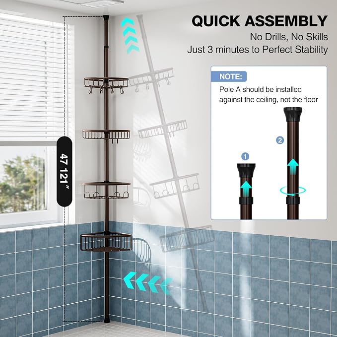 Corner Shower Caddy Tension Pole: Stainless Steel Rustproof 4-Tier Shower - Image 6