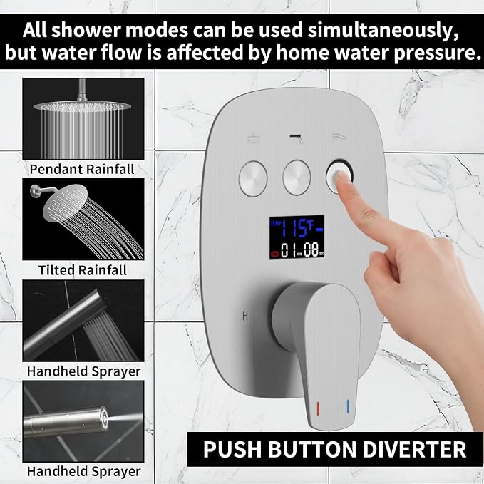 Brushed Nickel Shower System 3-Function Ceiling Shower Faucet Set - Image 3