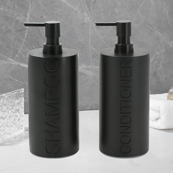2-Pack Matte Black Resin Refillable Shampoo & Conditioner Bottles – Modern - Image 5