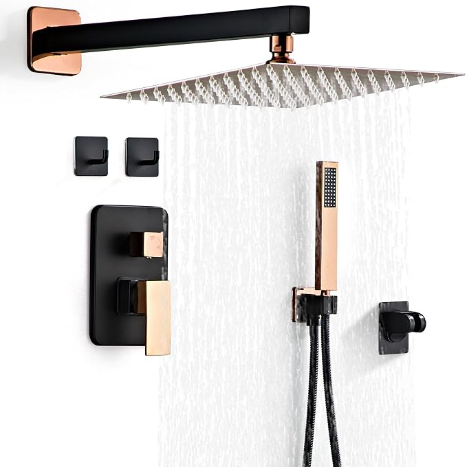 Shower Faucet Set, Matte Black and Rose Gold Rainfall Shower System Complete by LCEVCGK