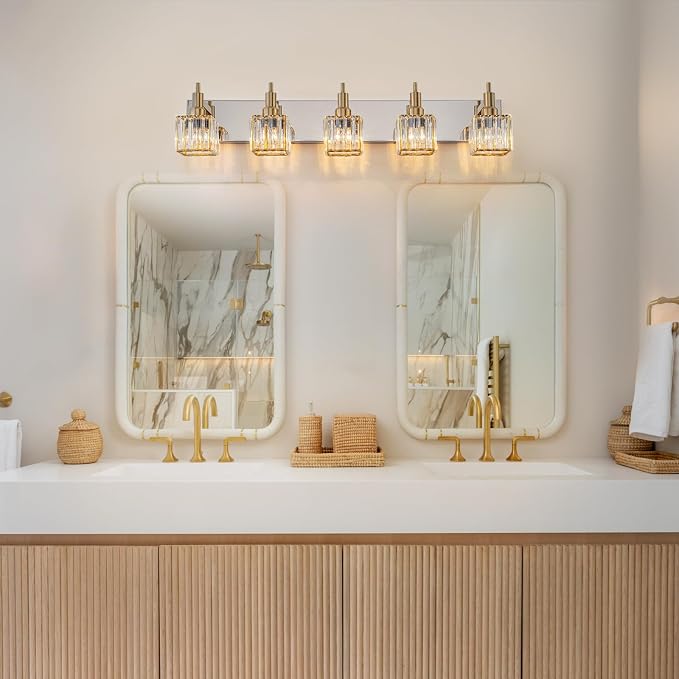 Crystal Bathroom Light Gold Chrome 5-Light Modern Bathroom Vanity Fixtures Over - Image 8