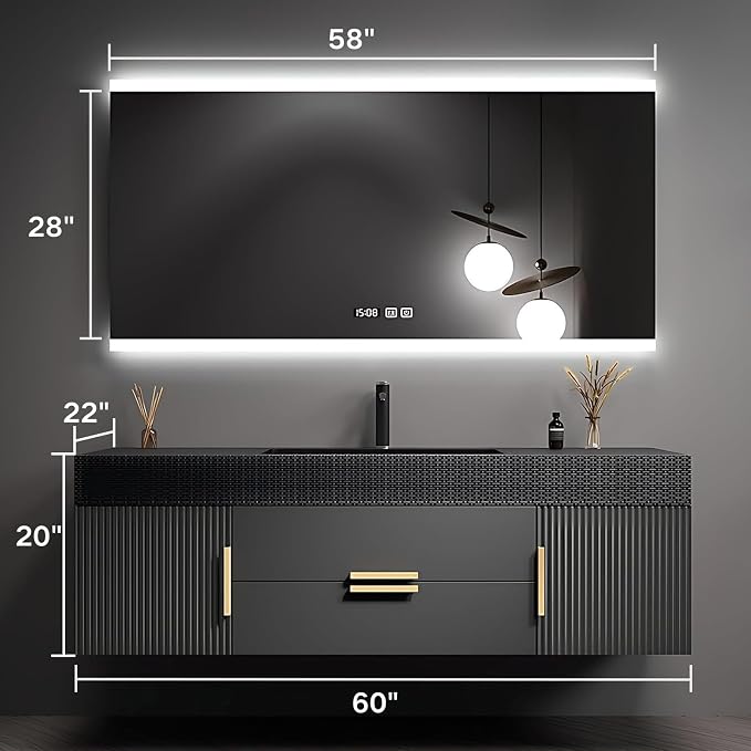60" Bathroom Vanity with Single Sink, Floating Bathroom Vanities with LED Smart - Image 2