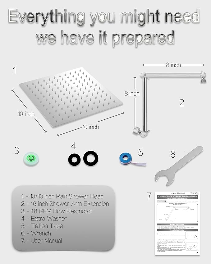 All Metal Rain Shower Head, Brass Adjustable Shower Arm Extender, Waterfall - Image 5