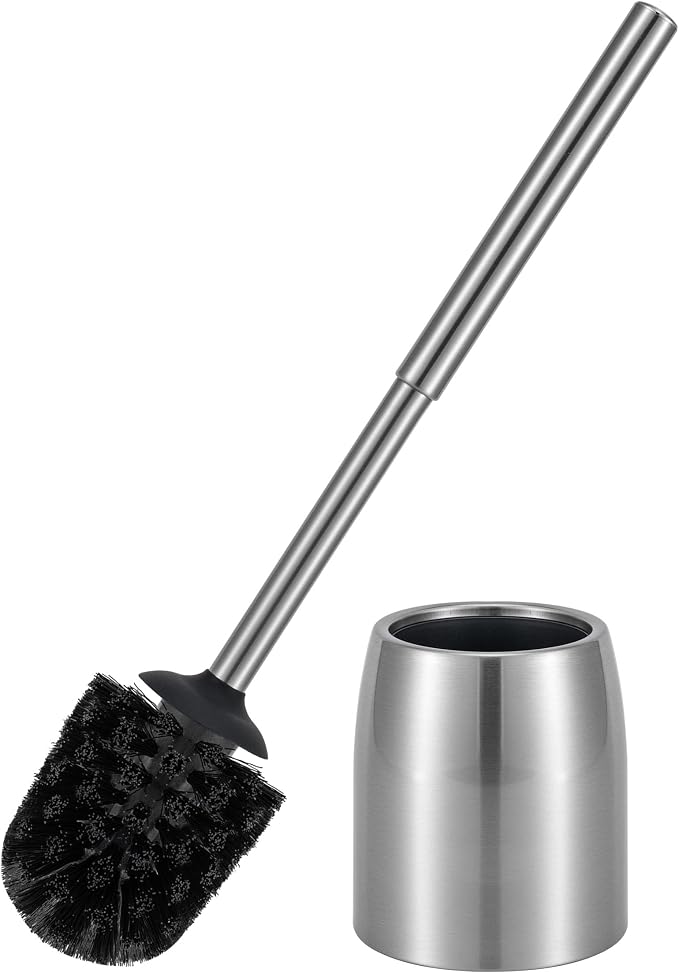 Toilet Brush and Holder Set Stain Nickle Stainless Steel 12In Handle by HomeKitchenEssentials