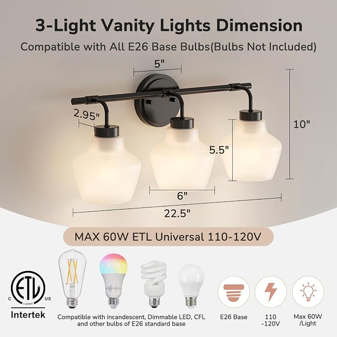 USHOWER 3-Light Bathroom Light Fixtures, Vanity Lights - Image 2