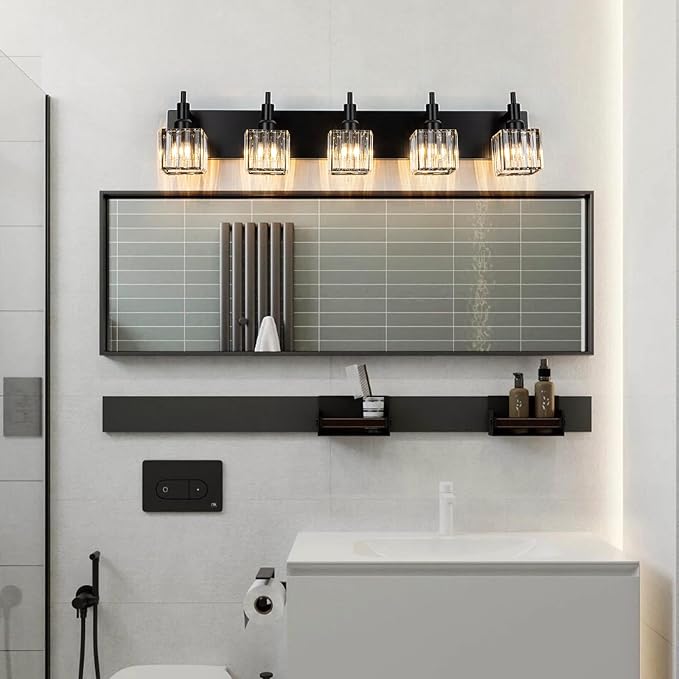 Black Crystal Bathroom Vanity Light 5-Light Modern Bathroom Lighting Fixtures - Image 7