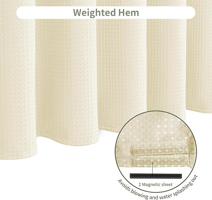 Inhousolu Fabric Shower Curtain Waffle Weave, 230 GSM Heavy Duty, Weighted Hem - Image 5
