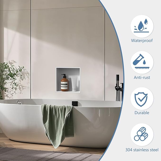 Homevacious 12“ x 12" x 4" Stainless Steel Shower Niche No Tile Needed White - Image 4