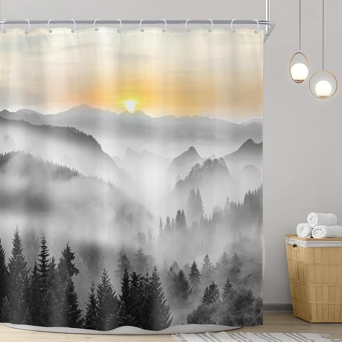 Riyidecor Misty Mountain Shower Curtain 72Wx72H Inch Black Sunrise Foggy - Image 2