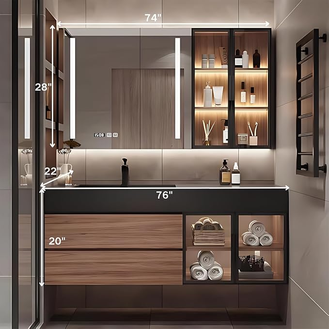 Single Sink Bathroom Vanity, Floating Bathroom Vanity Set Includes LED Smart - Image 2