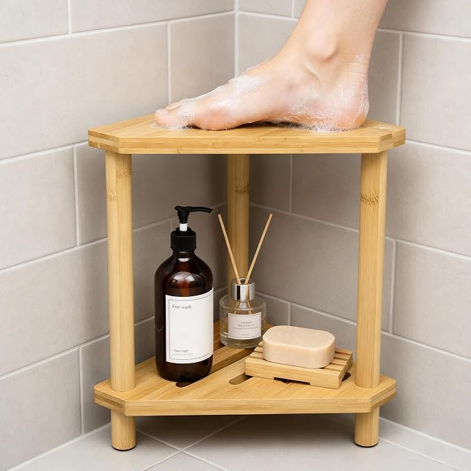 Bamboo Shower Foot Rest with Non-Slip Base, 2-Tier Height Shower Stool by Unknown