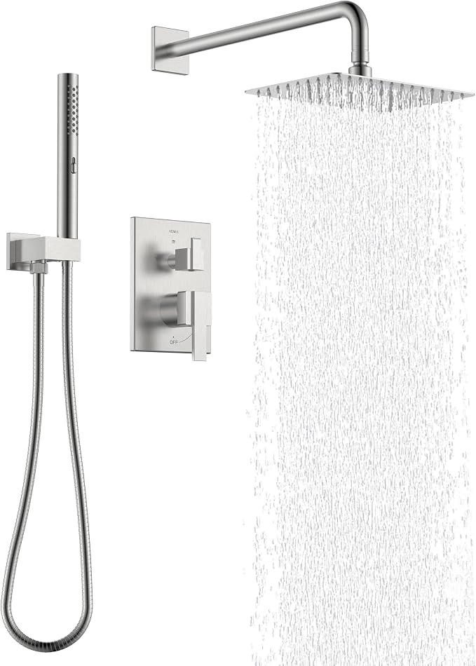 KENES Square Rainfall Shower System Faucet Set, Brushed Nickel Rain Shower Head by KENESBathroomKitchen