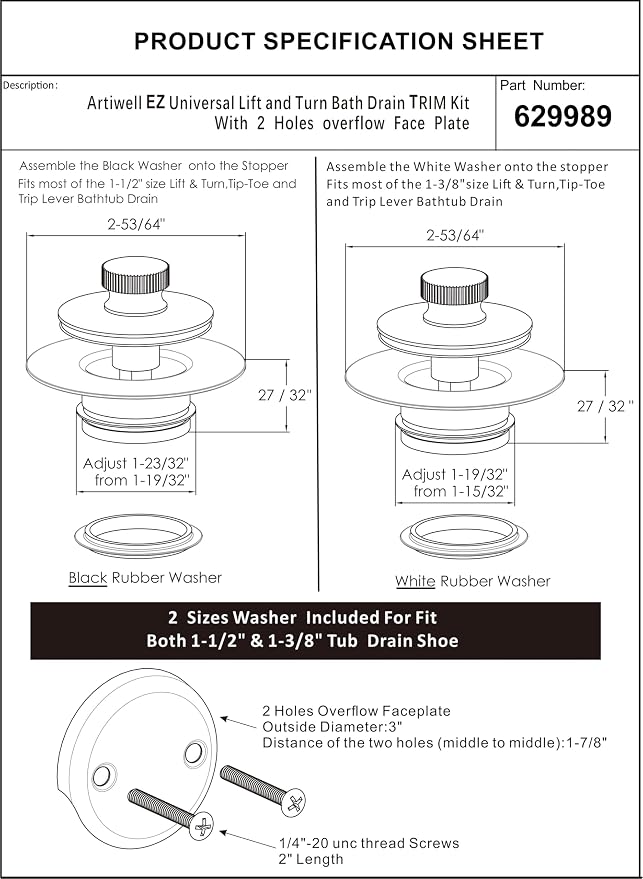 Artiwell Bath Tub Drain Trim Set Conversion Kit Assembly, - Image 7