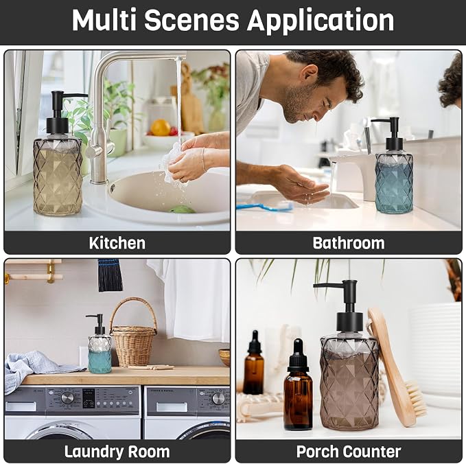 Glass Soap Dispenser with Plastic Pump, 2 Pack 12oz Gradient Diamond Design - Image 3