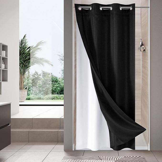 MitoVilla Black Waffle Small Stall Shower Curtain Liner Set 36 x 74, No Hooks by MitoVilla