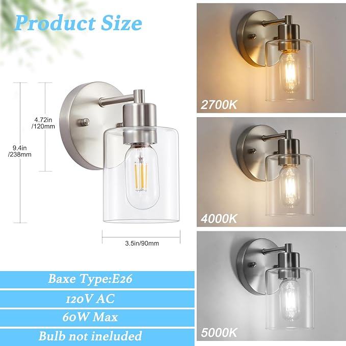 Wall Sconces for Bathroom, Brushed Nickel Vanity Light Fixtures, Modern Wall - Image 3