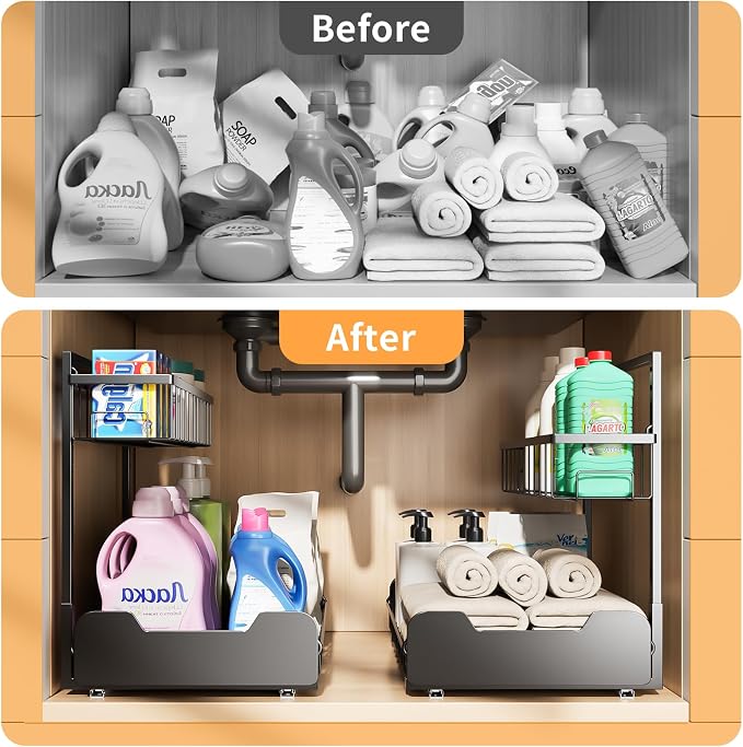 Under Sink Organizer, 2-Tier L-Shaped Pull Out Cabinet Shelf - Image 8