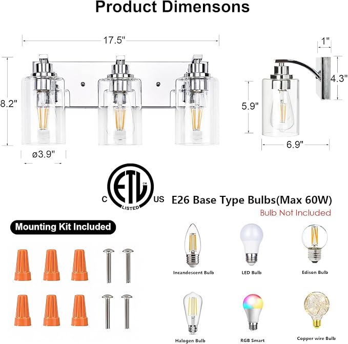 3-Light Bathroom Light Fixtures Modern Chrome Vanity Lights - Image 2