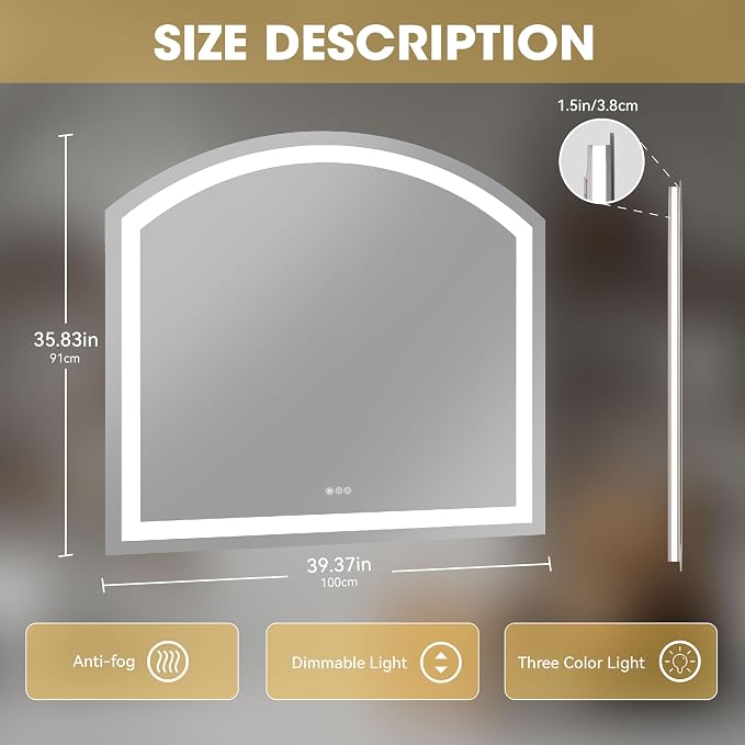 Hasipu 40" x 36" Arch LED Bathroom Mirror, Frontlit Wall-Mounted Vanity Mirror - Image 2