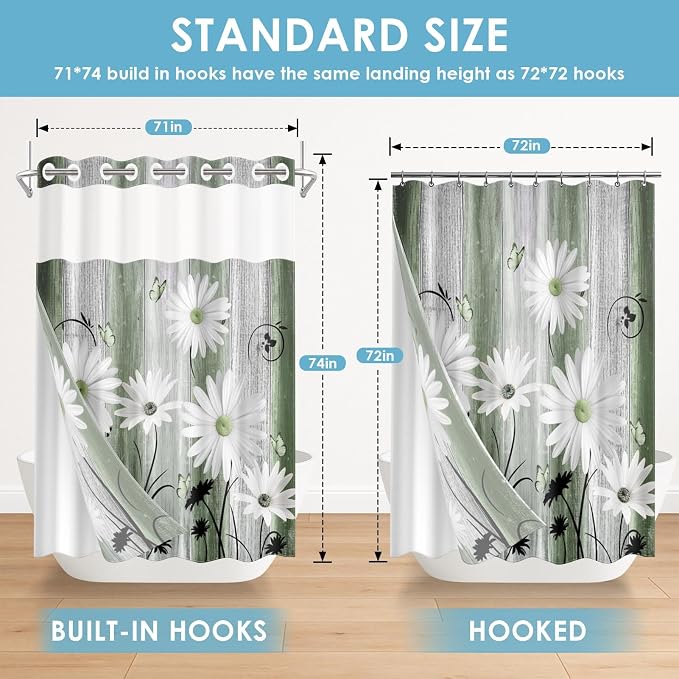 No Hook Green Daisy and Butterfly Shower Curtain - Image 7