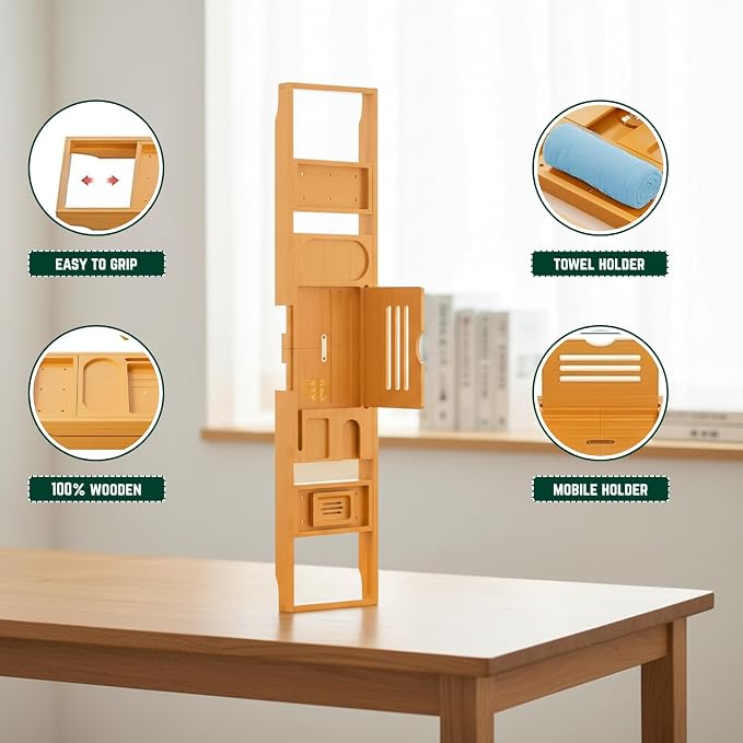 Bamboo Bathtub Caddy Tray Expandable & Foldable Bath Shelf - Image 7