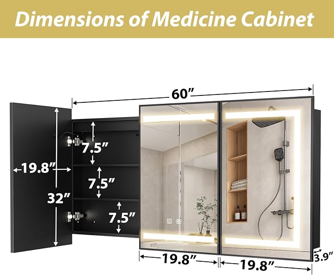 APRILSOUL 60X32 Inch Black Bathroom Medicine Cabinet - Image 4