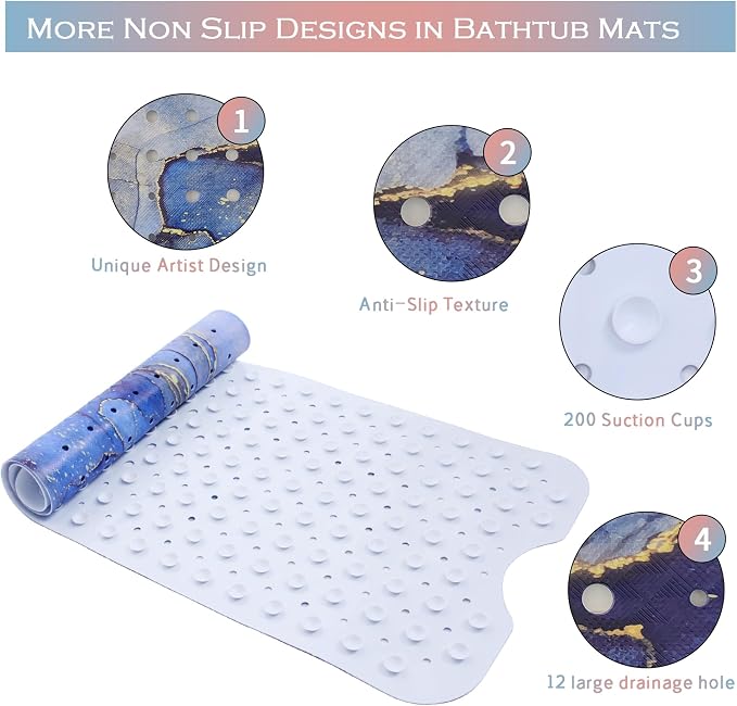 Blue Bathtub Mat Non Slip Marble Gold Line Extra Long Bath Mat - Image 4
