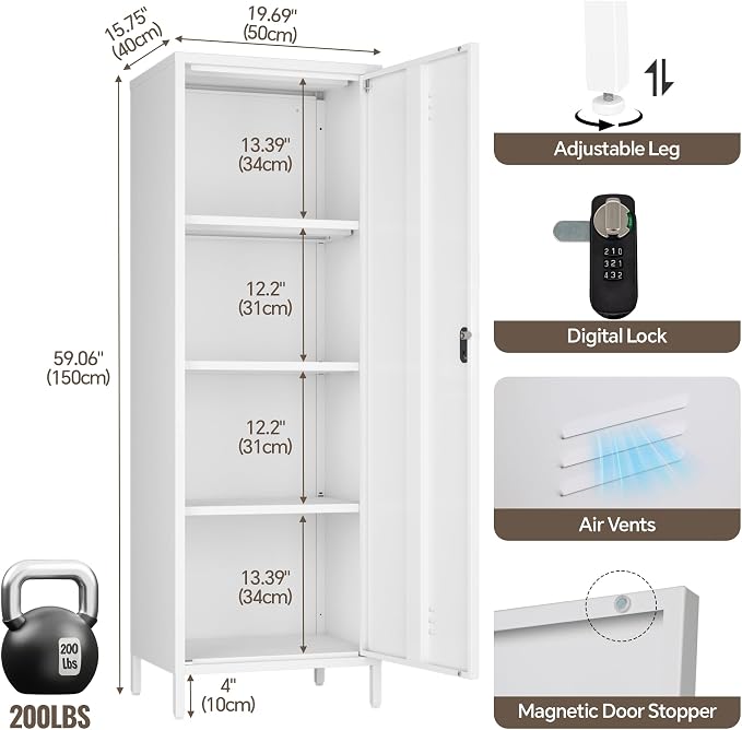 Locker Cabinet, 59.06" H White Metal Locker Storage Cabinet - Image 3