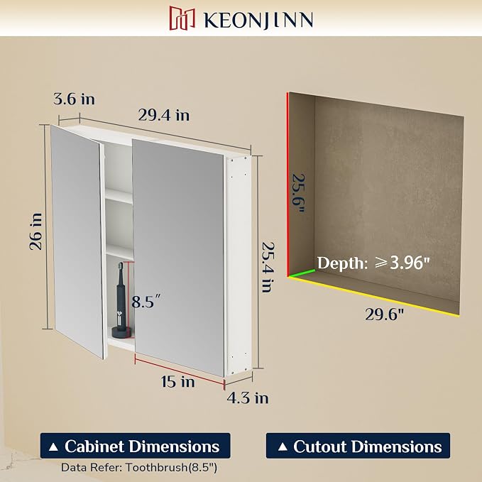 Keonjinn 30 x 26 Inch Black Medicine Cabinet, Bathroom Medicine Cabinet - Image 2