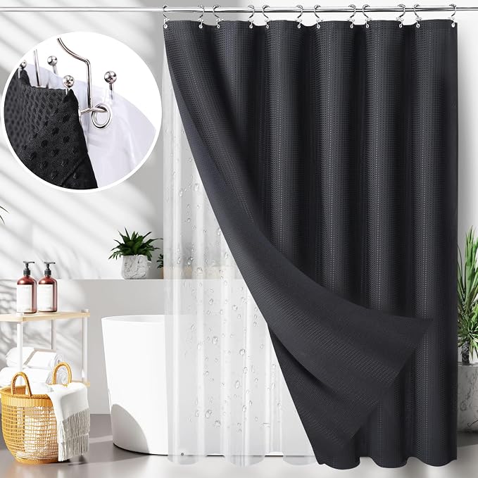 LaCyan 3 in 1 Waterproof Waffle Weave Shower Curtain and Clear Liner Set by Lacyan