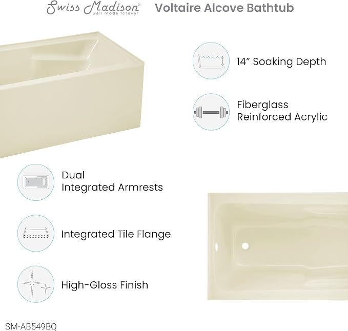 Voltaire 54" X 30" Left-Hand Drain Alcove Bathtub - Image 6