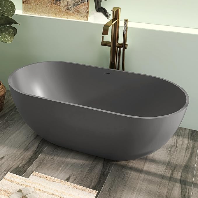 59" Premium Solid Surface Free Standing Bathtub, Oval Stone Resin Tub - Image 3