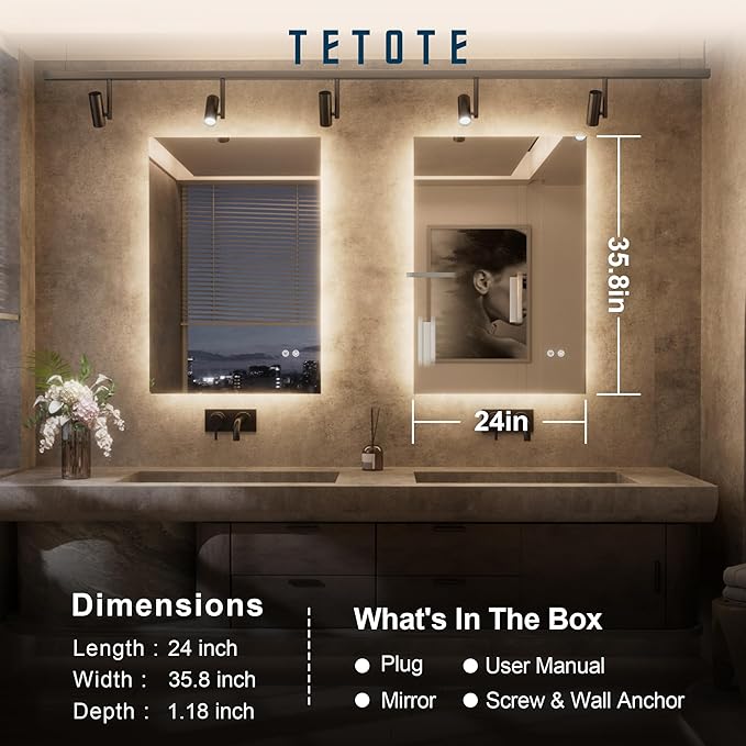 TETOTE 24 x 36 Inch LED Backlit Bathroom Mirror - Image 8